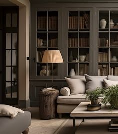 a living room filled with furniture and bookshelves next to a lamp on a table