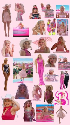 the collage shows many different images of women in pink outfits and hats, including one woman