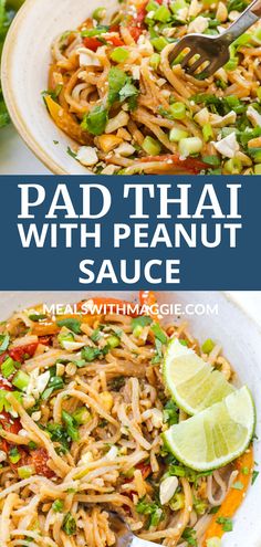 pad thai with peanut sauce in a white bowl next to a lime wedge on the side