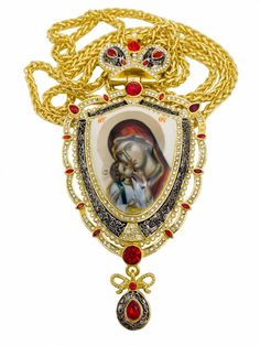 Holy Mary Pectoral Cross Red Crystals Priest Bishop Pendant Mary & Baby Jesus Nazareth Store Ornate Jeweled Pendant Jewelry, Luxury Handmade Red Jewelry, Luxury Red Rhinestone Jewelry, Jeweled Metal Necklaces As A Gift, Traditional White Collectible Jewelry, Ceremonial Enamel Pendant Jewelry, Ornate White Hallmarked Necklace, Ceremonial Silver Jeweled Jewelry, Spiritual Souvenir Pendant Jewelry