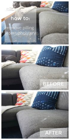 the before and after pictures of a couch with pillows on it, in different stages of cleaning