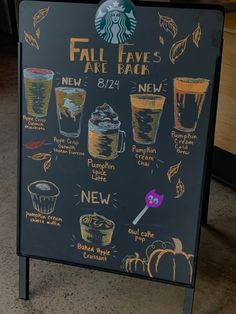 a blackboard sign with drinks on it that says fall have you been here?