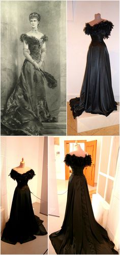 Joseph Koppay's post-1898 portrait of Empress Elisabeth of Austria in a low-cut evening dress of patterned damask, and a replica of the gown by Mónika Czédly of D'Elia Salon. The portrait is one of many posthumous images created of the empress. Photos: Alexandra-Victoria on Liveinternet Russia; waldi on Elisabethforum.proboards.com (credit: Mónika Czédly); "Mythos Sisi" article on Myheimat.de. 1890 Dress Evening Gowns, 1900s Evening Dress, Empress Elisabeth Of Austria Gowns, 1890s Ball Gown, Empress Elisabeth Of Austria, Elisabeth Of Austria, 1900s Dress, Empress Sissi, Empress Elisabeth