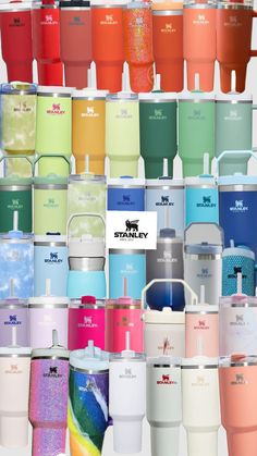 many different colored tumblers are stacked on top of each other