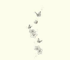 a line drawing of flowers and butterflies flying in the air with water droplets on them