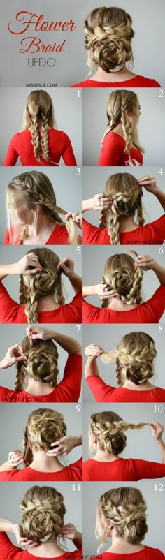 Flower Braid Updo Sanggul Cepol, Braid Updo Tutorial, Diy Updo, Updo Ideas, Flower Braids, Long Hair Tutorial, Diy Braids, Hair Diy, Long Hair Updo