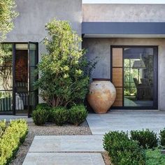 a large vase sitting in the middle of a garden next to a building with glass doors