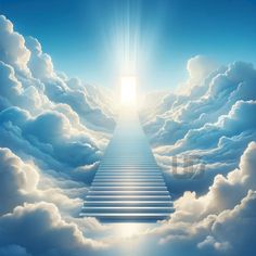 stairway leading to heaven with bright light coming from the door in the clouds above it