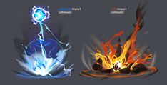 three different types of fire and ice on a dark background, one is blue the other is orange