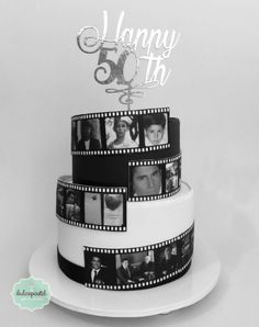 a white cake with black and white photos on it