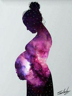 the silhouette of a pregnant woman is painted in purple and pink galaxy colors with stars