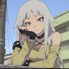 an anime character with long white hair holding a cell phone to her ear and looking at the camera