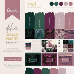 the color palette is shown in shades of pink, green and purple