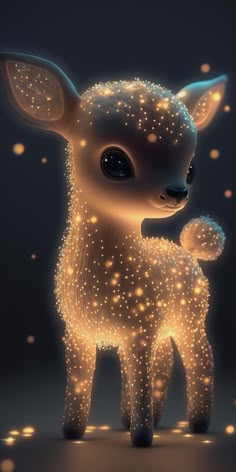 a little deer with glowing lights on it's face and head, standing in front of a dark background