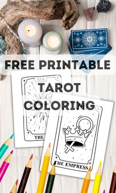 the free printable tarot coloring book is shown with colored pencils and candles