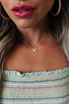 We have no doubt you will be happy with this delicate necklace featuring a dainty chain and a small gold butterfly charm with rhinestone detailing! Happy Environment, Impressions Online Boutique, Dainty Chain, No Doubt, Gold Butterfly, Butterfly Charm, Model Fits, Delicate Necklace, Dainty Necklace