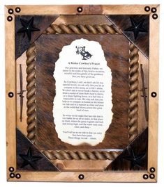 a wooden plaque with an image of a cowboy on it's back and the words,