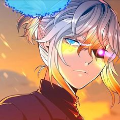 an anime character with blonde hair and blue eyes looking at the camera while wearing a butterfly on his head