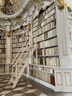 an ornate library with many bookshelves and stairs