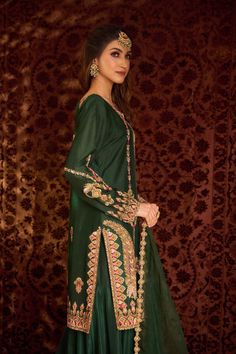 Editor's Note Featuring Dark Green Kurta Set In Dupion Silk Base With Multi-colored Hand Embroidery With Various Techniques Like Zardosi, Dabka, Resham, Sequins And Mirror Work. It Is Paired Wi... Green Suit Women, Embroidered Sharara, Embroidery Fashion Detail, Designer Punjabi Suits, Luxury Pret, Dupion Silk