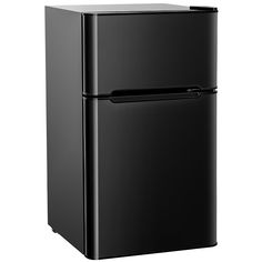 a black refrigerator freezer sitting on top of a white wall