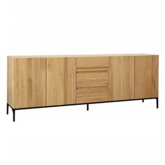 the sideboard is made out of wood and has black metal legs on each side