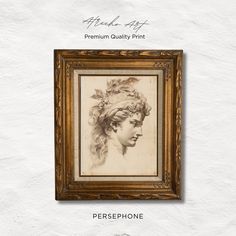 an old fashioned photo frame with a woman's face on it and the words persephone