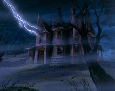 a creepy house with lightning in the background