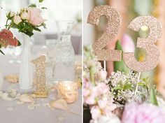 the table is decorated with pink and white flowers, vases filled with roses and candles