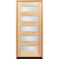 a wooden door with frosted glass panels on the front and side paneling,