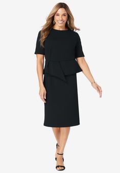 Our signature knit crepe is fashioned into a chic dress with feminine flair. The distinctive draped peplum waist provides a figure-flattering shape while Pleated Drapes, Tailored Style, Wear To Work Dress, Womens Scrubs, Swimsuits For All, Stretch Crepe, Crepe Dress, Chic Dress, Denim Shop