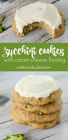 zucchini cookies with cream cheese frosting are stacked on top of each other