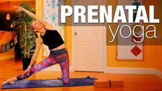 a woman is doing yoga in her living room with the words prenatl yoga