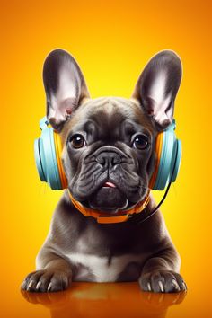 A photography of a french bulldog wearing blue headphones posing in a yellow and orange background. Wearing Headphones, French Dogs, Monochrome Background, Wearing Headphone, Cute French Bulldog, Pugs Funny, Dog Boarding, Dogs Of The World, Dog Art