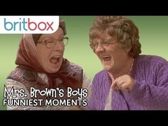 two women laugh as they stand next to each other with the words mrs brown's boys funnies moments