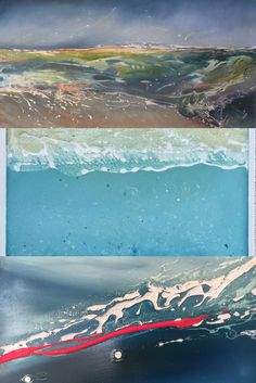 three different images of water and land with red lines on the bottom, blue sky above