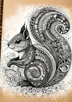 an ink drawing of a squirrel with swirls on it's tail and eyes