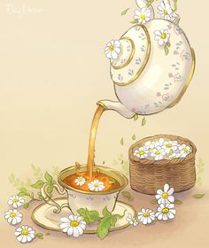 a teapot pouring water into a cup filled with flowers