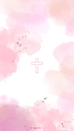 a pink and white watercolor background with a cross on the top in the middle