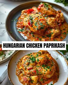 two plates with different types of food on them and the words hungarian chicken paprikash