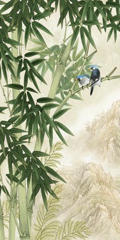 a blue bird sitting on top of a bamboo tree next to tall green plants and mountains