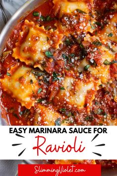 easy marinara sauce for ravioli in a skillet with text overlay that says easy marinara sauce for ravioli