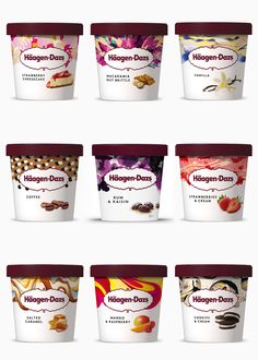 six cups of ice cream with different flavors