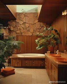 a bathroom with two sinks and a large jacuzzi tub