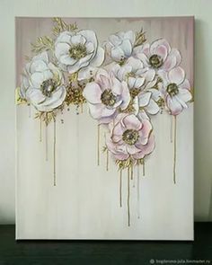 an acrylic painting with white flowers on it