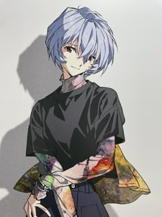 an anime character with white hair and blue eyes, wearing a black t - shirt