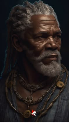 an old man with grey hair and braids on his face, wearing a necklace