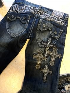 y2k jeans, y2k, jeans, dark y2k, trendy,   cr: yoko3u Cute Jeans Pockets, Y2k Jean Designs, Cute Shoes Y2k, Fall Mcbling Outfits, Vintage Clothing Brands, Skirt Out Of Jeans, Scene Jeans, Dark Y2k Outfits, Flared Jeans Outfit Y2k