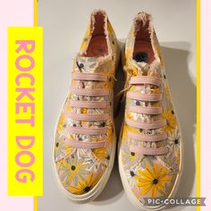 Retro Floral Print Slip On Rocket Dog Embossed Heel Logo Plush Foam Insoles Jersey Lining Low Top Frayed Edges Soft Cotton Lining Elastic Laces Nwot/Never Worn Rocket Dog Shoes, Rocket Dog, Print Sneakers, Elastic Laces, Retro Floral, Pink Yellow, Womens Shoes Sneakers, Rocket, Low Top