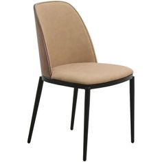 an upholstered chair with black legs and a beige leather seat pad on the back